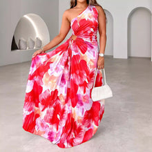 Load image into Gallery viewer, Summer Design Lace Up Folding Printed One Shoulder Sleeveless Dress