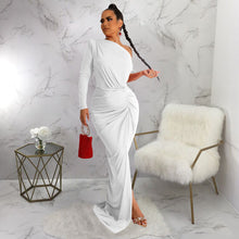 Load image into Gallery viewer, Women Clothing Autumn Oblique Shoulder Pleated Solid Color Dress Maxi Dress
