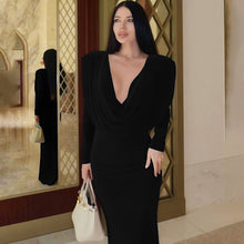 Load image into Gallery viewer, Fall Women Clothing Sexy Backless Swing Collar Slim Pleated Solid Color Long Sleeve Dress