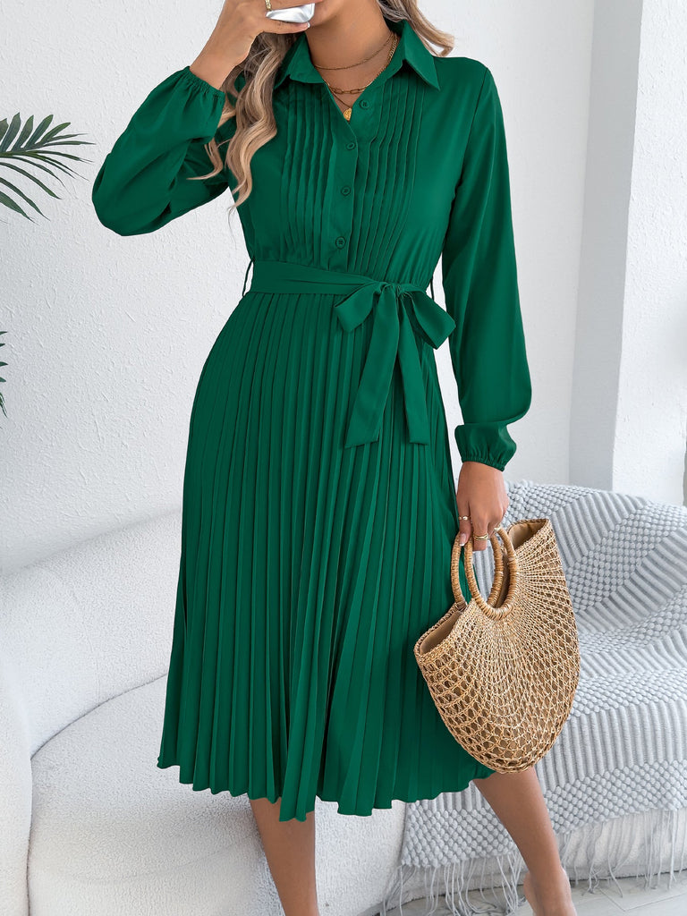 Spring Summer Elegant Solid Color Collared Long Sleeve Cinched Pleated Dress Women Clothing