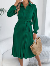 Load image into Gallery viewer, Spring Summer Elegant Solid Color Collared Long Sleeve Cinched Pleated Dress Women Clothing