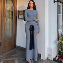 Load image into Gallery viewer, Women Clothing Summer Solid Color Pleated Waist Controlled Lace up Long Sleeve Dress Women