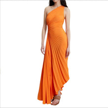 Load image into Gallery viewer, Women Clothing One Shoulder Diagonal Collar Pleated Hollow Out Cutout Dress