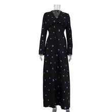 Load image into Gallery viewer, Women Clothing Spring Autumn Elegant Printed Satin Dress V neck Long Sleeve Lace up High Grade Dress