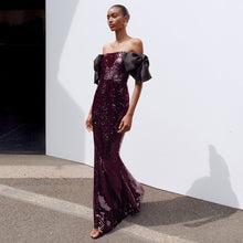 Load image into Gallery viewer, Coffee Color Colorful Sequin Long Evening Dress off Shoulder Black Bow Cocktail Fishtail Dress