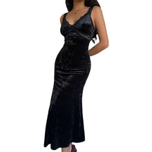 Load image into Gallery viewer, French Romantic Velvet Lace V neck Patchwork Sleeveless Dress Slim Fit Sheath Fishtail Dress Inner Wear