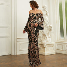 Load image into Gallery viewer, Long Sleeved Elegant Sexy Tight Long Sequined Slim Fit Off Neck Annual Party Evening Dress Women