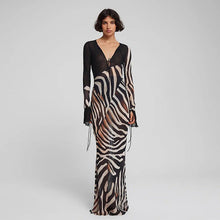 Load image into Gallery viewer, Summer Women Clothing Color Contrast Printed Sexy V neck Mesh Long Sleeve Dress