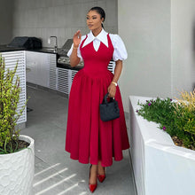 Load image into Gallery viewer, Women Clothing Autumn Elegant Bubble Sleeve Women Shirt Collar High Waist Slimming Dress Faux Two Pieces