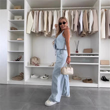 Load image into Gallery viewer, Women Spring Summer Sleeveless Lace up Vest Lace up Wide Leg Jeans Denim Set