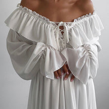 Load image into Gallery viewer, Drawstring V neck Flared Sleeves Chiffon Dress Asymmetric Design White Casual Long A line Dress