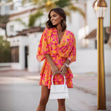 Load image into Gallery viewer, Women Clothing V neck Printed Waist Controlled Batwing Sleeve Half-Length Sleeve Dress