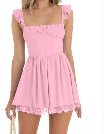 Spring Summer Women Clothing Solid Color Pleated Backless Dress Office