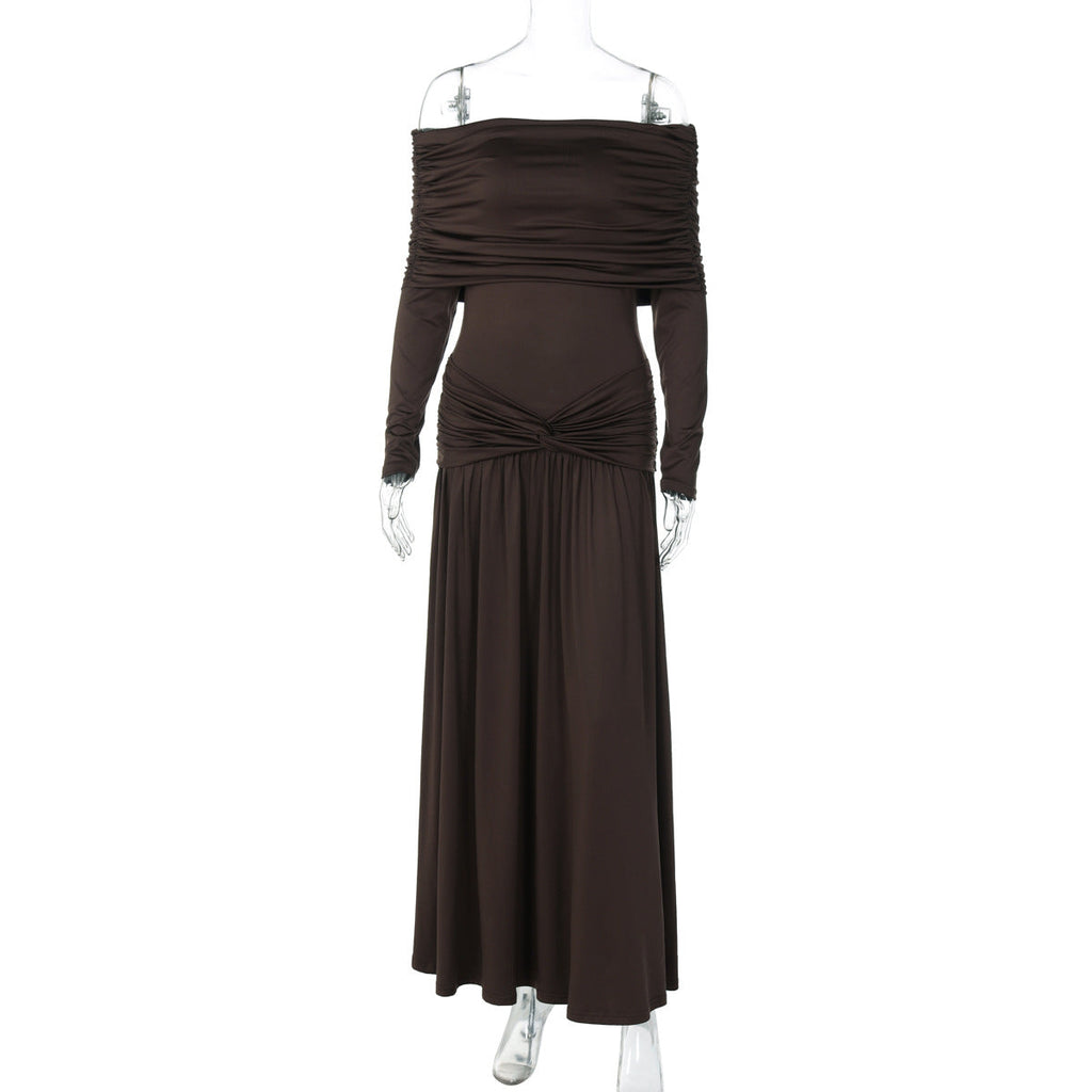 French Women Autumn off Neck Cinched Pleated Long Sleeve Dress