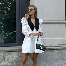 Load image into Gallery viewer, Spring Autumn French Black White Contrast Color Doll Collar Short Dress Women Elegant Pleated A line Dress