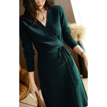 Load image into Gallery viewer, V neck Lace up Stomach Blanket Dress Women Autumn Winter Korean Loose Slim Socialite Knitted Dress