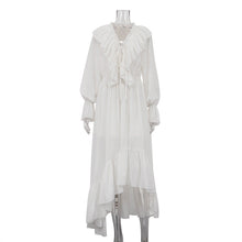 Load image into Gallery viewer, Drawstring V neck Flared Sleeves Chiffon Dress Asymmetric Design White Casual Long A line Dress
