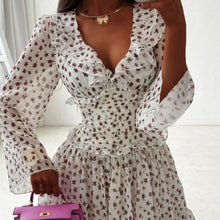 Load image into Gallery viewer, Women Digital Printing Elegant Dress V neck Long Sleeve Ruffled High Waist Lace up A line Dress