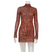 Load image into Gallery viewer, Sexy Women Clothing Turtleneck Long Sleeve Slim Fit Sexy Mesh Leopard Print Sexy Hip Dress Women