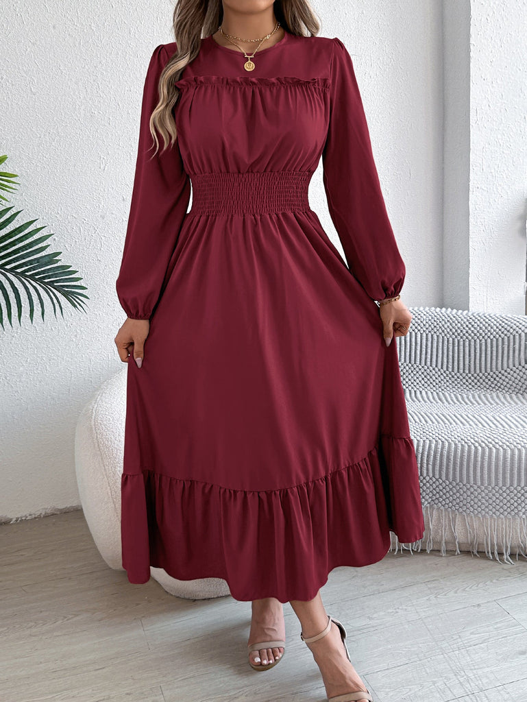 Autumn Winter Solid Color Elegant Wooden Ear Cinched Pleated Maxi Dress Women Clothing