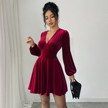 Load image into Gallery viewer, Retro Socialite Christmas Wine Red Velvet V neck Lantern Sleeve Slim Slimming A line Pleated Short Dress