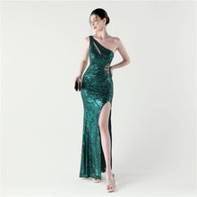 Load image into Gallery viewer, Sexy Slim Hip One Shoulder Diagonal Collar Sequin Gauze Evening Dress The Dinner Party