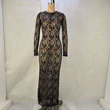 Load image into Gallery viewer, Women Clothing Spring Summer Solid Color Lace See through Long Sleeve Mid Length Dress