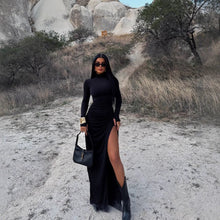 Load image into Gallery viewer, Autumn Stand Collar Long Sleeve Pleated Sexy Slit Hip Bag Dress Women