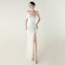 Load image into Gallery viewer, Sequin Mesh Craft Beaded Evening Dress off the Shoulder High Slit Fishtail Dress Swing Cocktail Social Socialite
