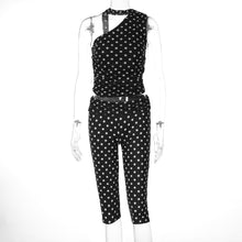 Load image into Gallery viewer, Winter Mesh Stitching Polka Dot Shoulder Diagonal Collar Top Slim Cropped Pants Set