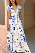 Load image into Gallery viewer, Low Cut V Neck Printed Puff Sleeve Large Swing Cotton Linen Dress