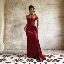 Load image into Gallery viewer, Off Shoulder Satin Dress for Women Autumn Sexy Split Dress