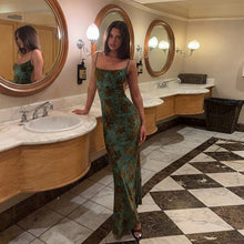 Load image into Gallery viewer, Flocking Backless Sling Maxi Dress Autumn Printed Slim Fit Hip Dress