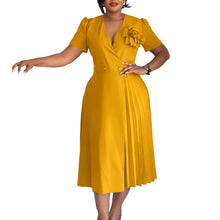 Load image into Gallery viewer, Women Clothing Summer V neck Short Sleeve Solid Color Three Dimensional Floral Pleated African Dress