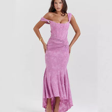 Load image into Gallery viewer, Autumn Square Collar Elastic Net Jacquard Pleated Sleeveless Fishtail Cami Dress