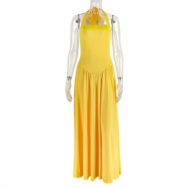 Women Clothing Office Fitted Waist Pleated A line Halter Sleeveless Long Solid Color Dress