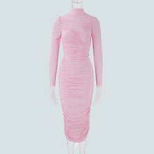 Load image into Gallery viewer, Autumn Elegant Socialite Private Clothing Stand Collar Long Sleeve Waisted Slim Fit Package Hip Pleated Niche Dress