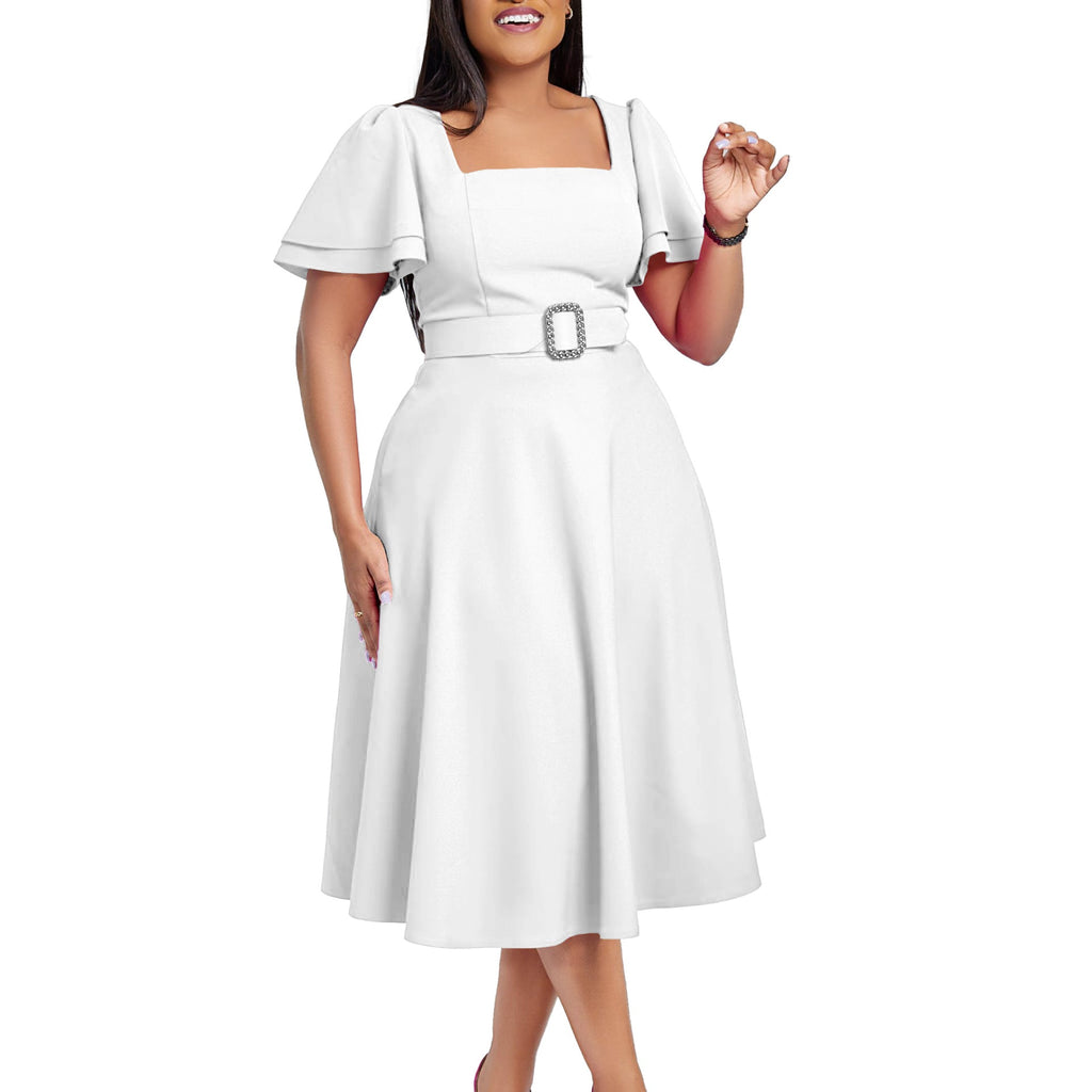 Women Clothing Flared Sleeves Square Collar High Waist Solid Color Elegant Dress
