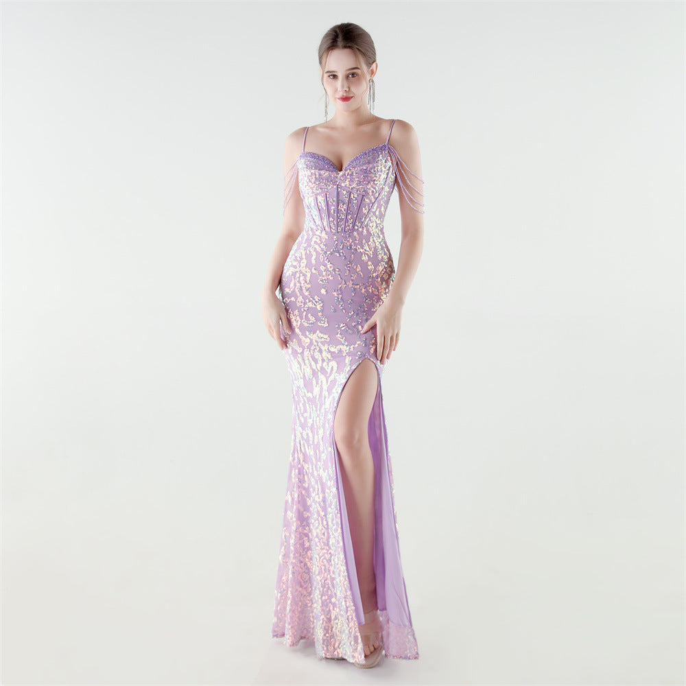 Heavy Industry Sequin Beaded Boning Corset Waist Tight Evening Dress