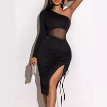 Load image into Gallery viewer, Summer Drawstring See Through Tight Dress Shoulder Long Sleeve Lace Mesh Body Shaping Dress