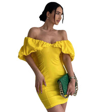 Load image into Gallery viewer, Spring Casual Vacation Tight Waist Slimming Sense Design Pleated Off Shoulder Hip Bag Dress