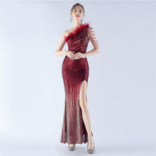 Load image into Gallery viewer, Gradient Sequin Craft Beaded Ostrich Feather Diagonal Collar One Shoulder Long Evening Dress