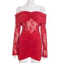 Load image into Gallery viewer, Women Autumn Winter Sexy off Shoulder Lace Stitching Hip Mini Dress