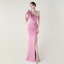 Load image into Gallery viewer, One Shoulder Craft Beading Wave Floral Satin High Slit Sexy Evening Dress Dinner Party Wedding Social