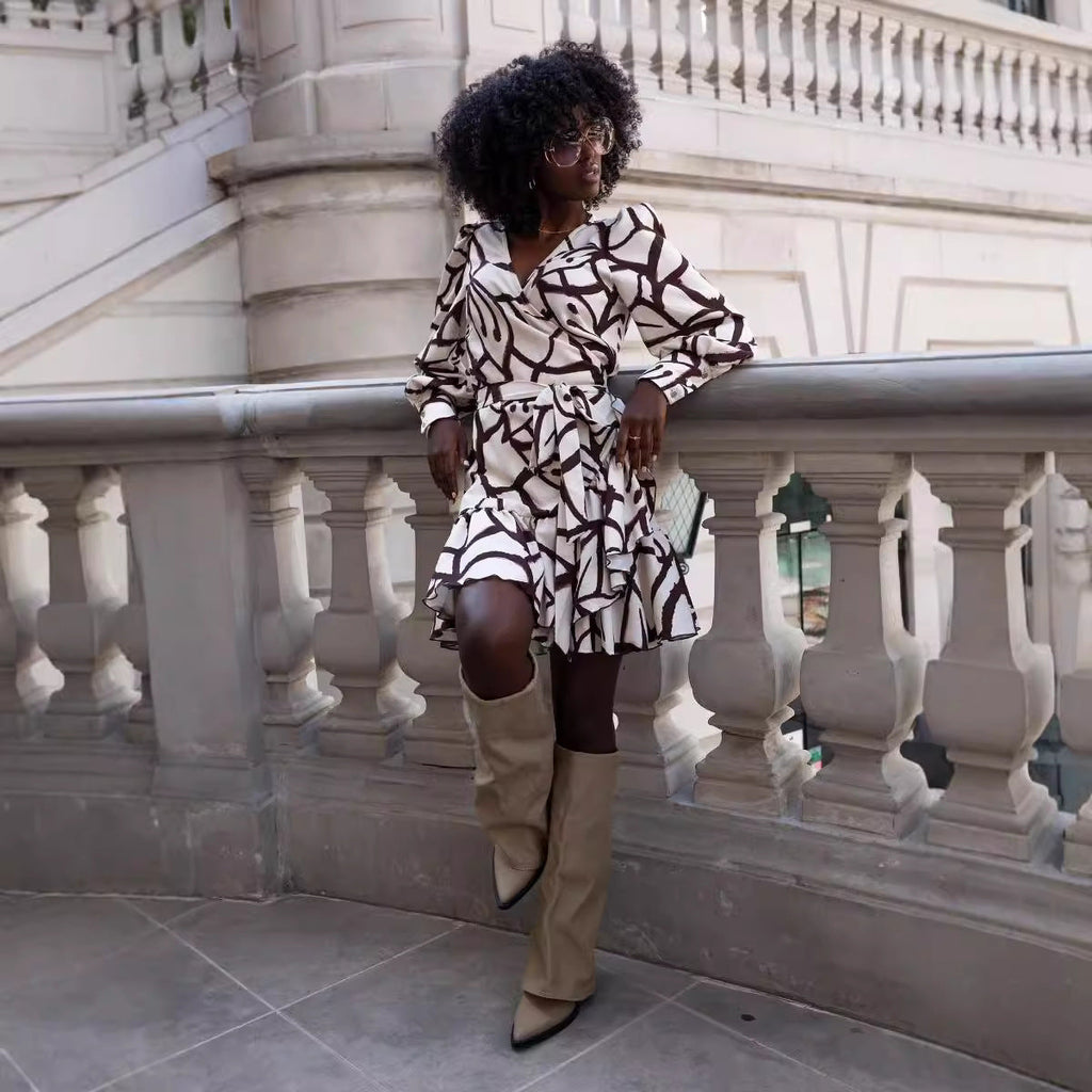 Women Clothing Autumn Printed V neck Long Sleeve Ruffles Dress