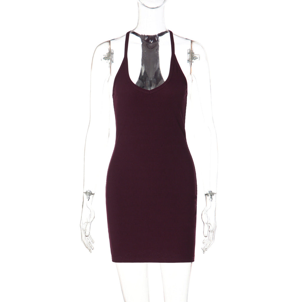 Women Solid Color Sexy Low Cut V neck Halter Backless Waist Slimming Tight Sheath Dress
