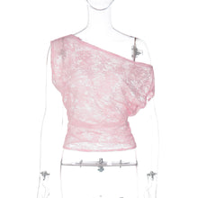 Load image into Gallery viewer, Women Clothing Winter Sexy Slim Hollow Out Cutout Lace Diagonal Collar Tight T shirt Sheer Top