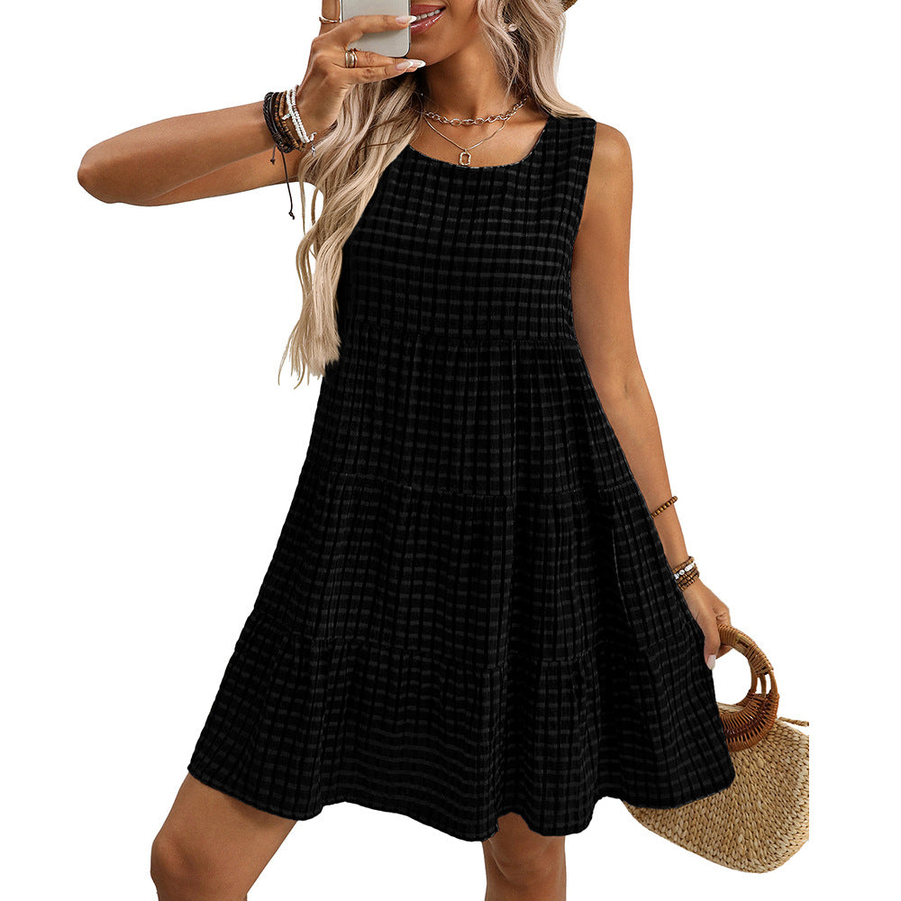 Summer Women Clothing Loose Casual Elegant Sleeveless Plaid Dress