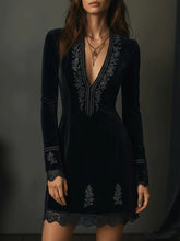 Load image into Gallery viewer, Retro Elegant Velvet Embroidered Lace V neck Long Sleeve Dress