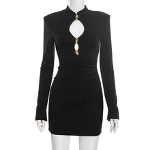 Load image into Gallery viewer, Women Clothing Autumn Winter Solid Color Elegant Slim Gold Trim Long Sleeve round Neck Short Dress